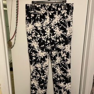 EMALINE Black & White Classic Floral Print Stretch Pants 10